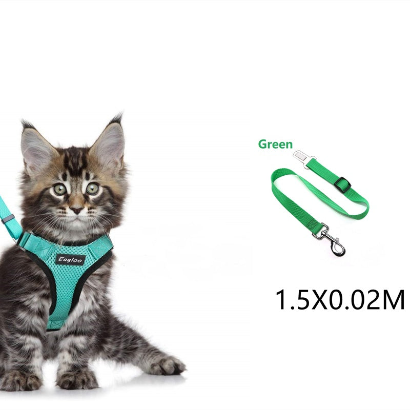 Escape proof cat vest harness and car seat belt adapter adjustable reflective cat harness soft mesh harness for kitten puppy