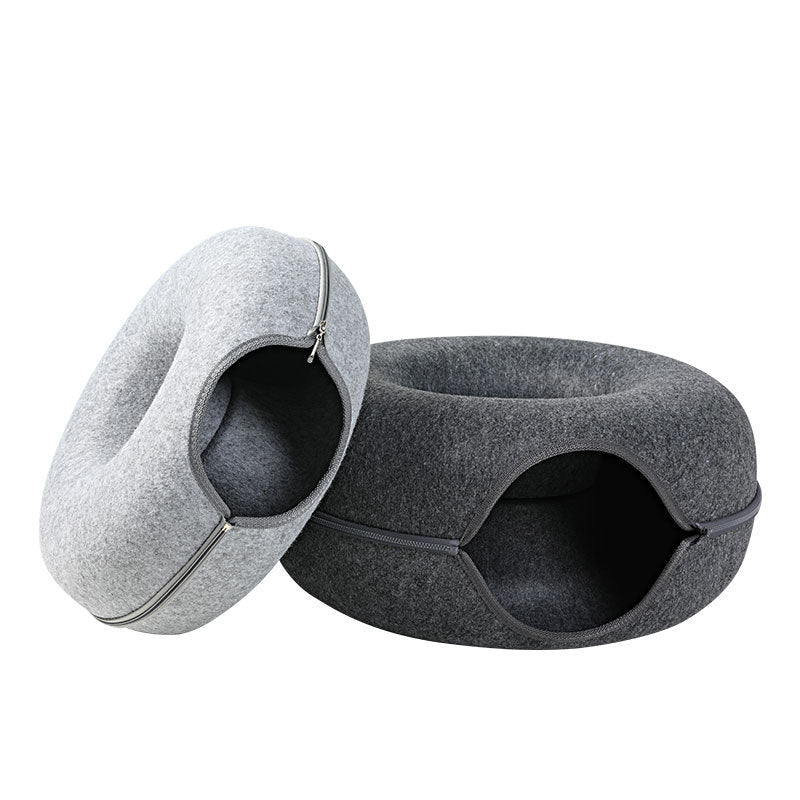 Four seasons available cat nest round woolen felt pet dual use cat nest tunnel interactive training toy grey felt cat nest