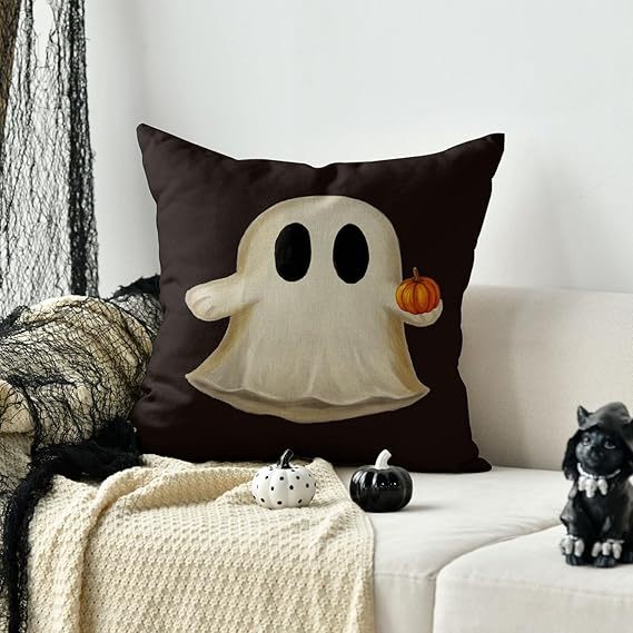 Ghost Pumpkin Halloween Black Throw Pillow Cover, 18 X 18 Inch Holiday Farmhouse Cushion Case Decoration For Sofa Couch