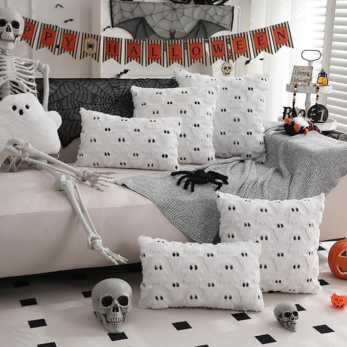 Halloween pillow covers 18x18 inch white ghost throw pillow cases soft plush  couch cushion case for chair sofa bedroom living room home decor