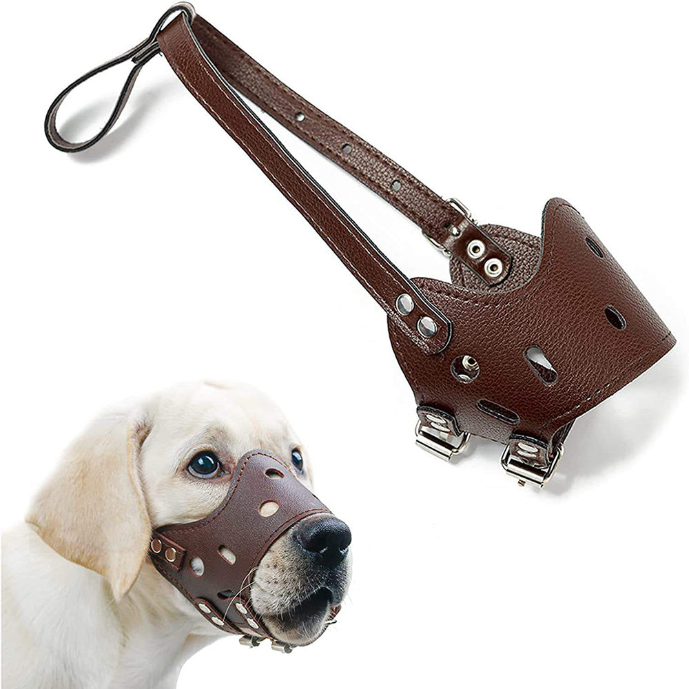Dog muzzle leather, comfort secure anti barking muzzles for small medium large dogs, breathable and adjustable, allows drinking and panting, used with collars