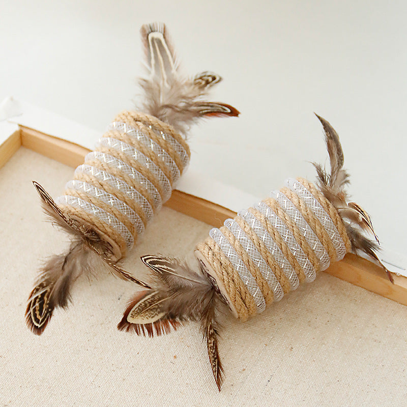 Toy with cat feathers hemp rope for scratching self grinding claw sound roller for pets bite resistant toy