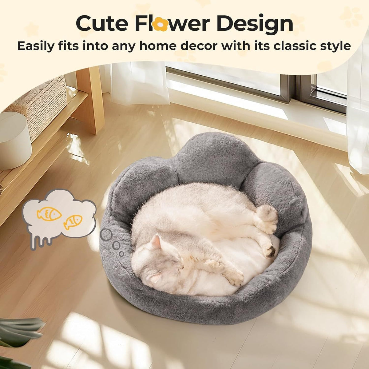 Mewoofun cat bed and small dog bed, fluffy dog bed washable cat couch bed, cute cat bed for indoor cats, flower cat sofa bed with non slip bottom, pet bed for puppy and kitten grey, 23