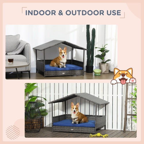Pawhut wicker dog house outdoor with canopy, rattan dog bed with water resistant cushion, for small and medium dogs, dark blue