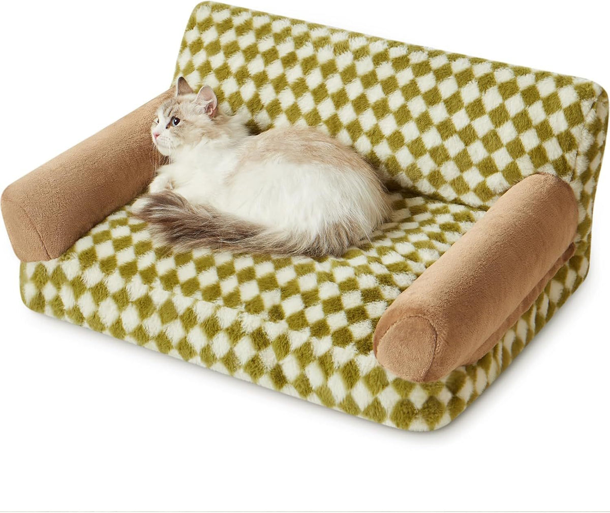 Cat couch bed and dog couch bed pet couch bed for small pet cute dog sofa bed cat sofa pet sofa with non slip bottom checkered dog bed with washable cover